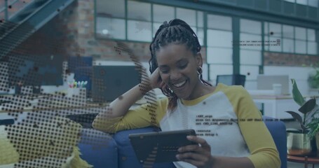 Animation of globe and data processing over african american woman using digital tablet at office - Powered by Adobe