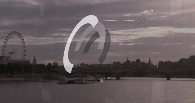 Animation of financial data processing over london cityscape