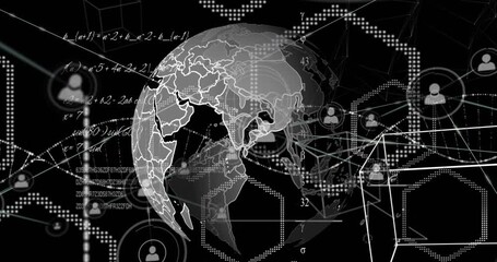 Animation of network of profile icons and mathematical equations and shapes against spinning globe - Powered by Adobe