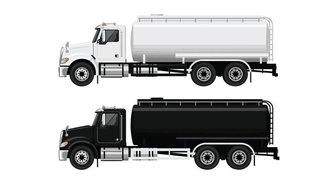 Side view of a white and black fuel tanker truck illustration