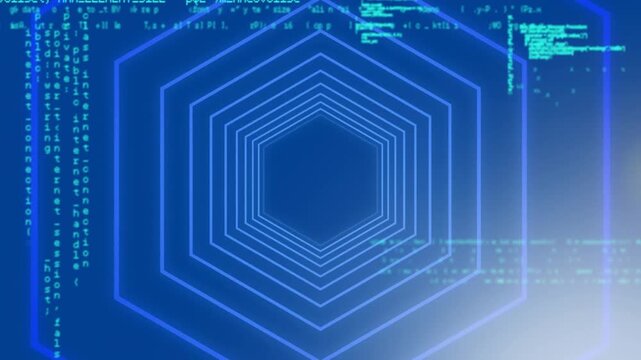 Animation of programming languages and multiple hexagons on blue background