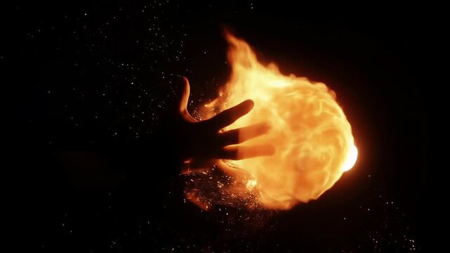 Realistic fire ball spell with blazing trail concept. A hand conjures a fiery explosion with sparkles against a dark background.