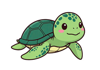 Obraz premium Cute Cartoon Sea Turtle with Green Shell and Pink Cheeks Swimming Transparent Background Detailed Pixel Art