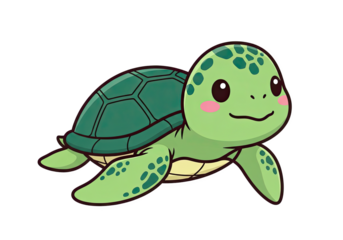 Cute Cartoon Sea Turtle with Green Shell and Pink Cheeks Swimming Transparent Background Detailed Pixel Art