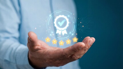Hand holding glowing quality certification badge with five golden stars on a dark digital background representing excellence and customer satisfaction