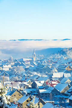 Panoramic view of town of Delnice in Gorski kotar in Croatia in winter