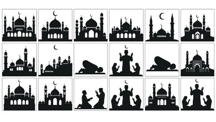 Black illustrations of mosques and people praying white for ramadan or islamic events with prayer and worship Silhouette vector on whit Background