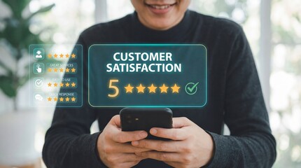 Smiling person holds smartphone displaying digital five star customer satisfaction feedback for great services easy use and quick response in a bright indoor setting