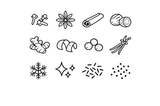 Seasonal Spice Icons. Seasonal spice elements. Line outline icon set of Seasonal spice elements: cloves, star