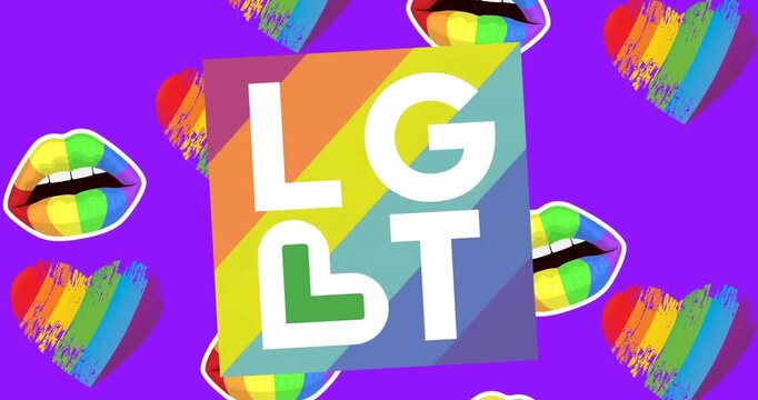 Animation of lgbt text over falling rainbow lips and hearts
