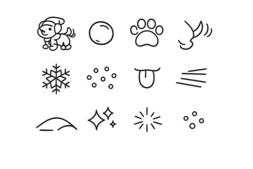Winter Puppy Fun. Winter puppy fun. Line outline icon set of Winter puppy fun: dog figure, snowball, paw print