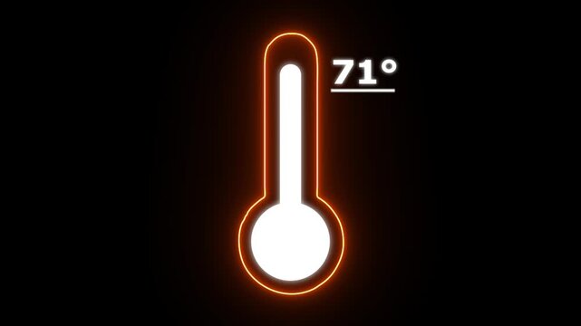 Neon Celsius thermometer displayed temperature 71 degree. Thermometer equipment showing hot or cold weather. 4K Video motion graphic animation.