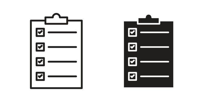Task list icons in a black filled and outlined style. Set of vector icons