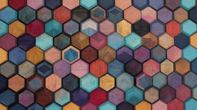 Colorful hexagonal mosaic pattern with textured tiles