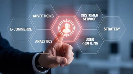 A professional male hand in a sharp suit is actively interacting with an advanced holographic interface highlighting customer centricity in a modern business strategy wit