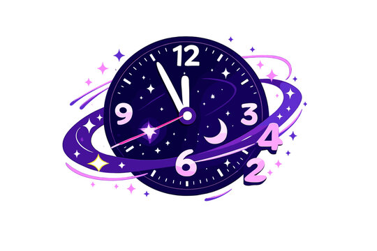 Cosmic Clockwork Motion. Cosmic Midnight Clock. A clock floating in space, stars orbiting like seconds around