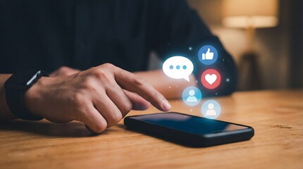 A persons hand wearing a smartwatch interacts with a smartphone on a rustic wooden table under soft lighting displaying glowing social media icons representing digital co