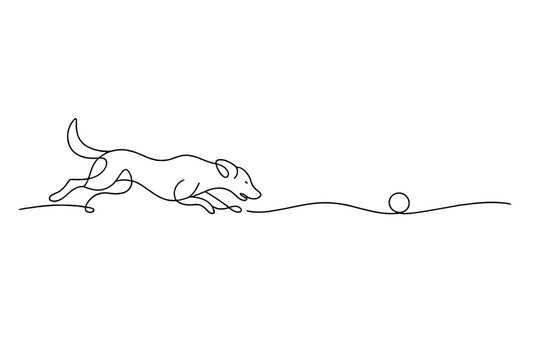 Image Generation. Dog chasing snowball in winter. Minimalistic one-line drawing dog in motion chasing a