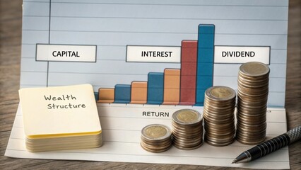 Financial Growth Concept with Coins and Bar Graph Showing Capital, Interest, Dividend and Return on Wealth Structure
