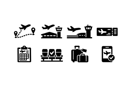 Flight Planning Icons. Flight Planning. Filled icon set of Flight Planning: airplane route, departure airport,