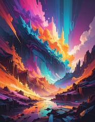 Fototapeta premium Surreal landscape with vibrant colors, cliffs, and a flowing river