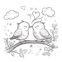 Adorable bird illustration love swing hearts balloons stars