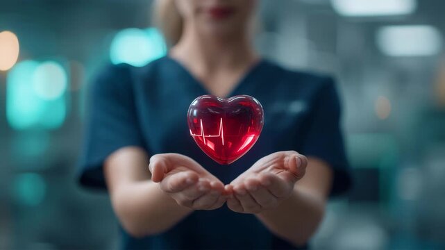 看護の手で心臓を支える女性、ケアのイメージ