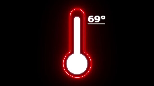 Neon Celsius thermometer displayed temperature 69 degree. Thermometer equipment showing hot or cold weather. 4K Video motion graphic animation.