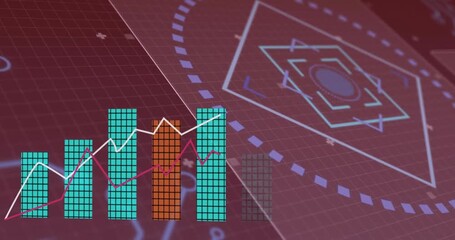 Bar and line graphs with data points over digital interface and geometric shapes - Powered by Adobe