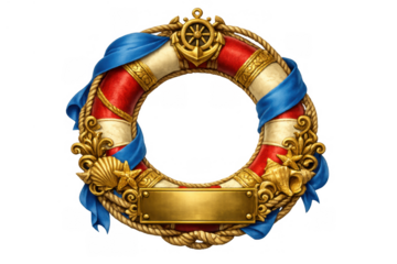 Nautical lifebuoy frame with gold anchor, ship wheel, rope, shells, starfish, and banner on transparent background