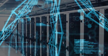 Server cabinets emitting blue network holograms and floating code snippets in data center 3D render - Powered by Adobe