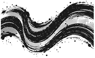 Black and white abstract wave with sweeping brush strokes, halftone dots, and splatter accents. Perfect for modern graphics, posters, backgrounds