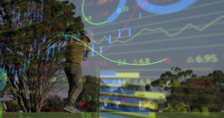Golfer swinging golf club on fairway, featuring transparent finance charts and colored graphs - Powered by Adobe