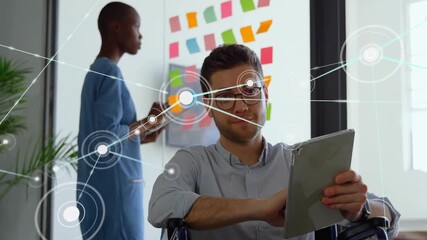 Collaborating colleagues tapping tablet and placing notes, holographic business network expanding - Powered by Adobe