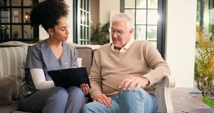 Outdoor, elderly man or caregiver with tablet for teaching, system function info or app setup help. Patio, tech education or homecare nurse with old person for assistance, listen or explain homepage