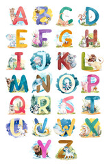 Children's animal alphabet hand drawn watercolor illustration. Set of learning letter elements isolated on white. Bright clipart ABC for kids games, flashcards, school, vocabulary, holiday designs © Eva Kleinman