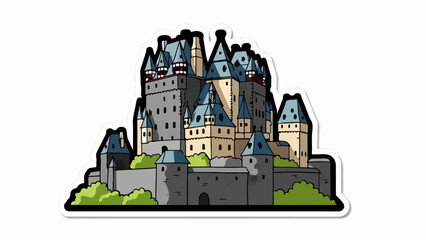 Whimsical cartoon illustration of a grand stone castle with many towers and turrets, set against a white background © Agung
