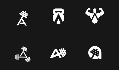 Fitness Gym Logo Designs: Creative Letter A with Barbell, Kettlebell, and Strongman Icons for Branding