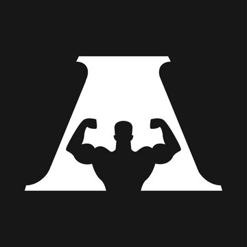 Stylized A Letter Logo with Muscular Man Silhouette Flexing Biceps, Representing Fitness and Bodybuilding