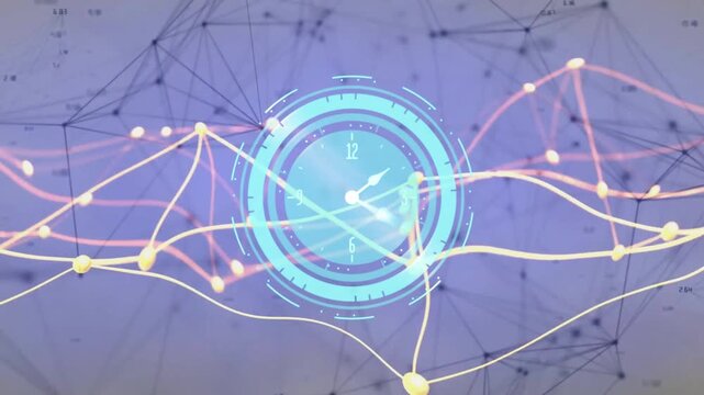 At start yellow and pink waveforms drawing as rings building around clock indicating time passage