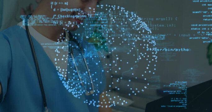 Doctor receiving tablet after handshake tapping swiping viewing code in emerging holographic sphere