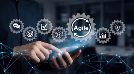 Professional hands interact with a smartphone displaying agile methodology concepts and business process icons in a modern digital environment