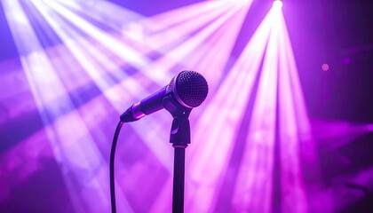 Obraz premium Microphone on stand, lit by stage lights in purple and white, dramatic perspective