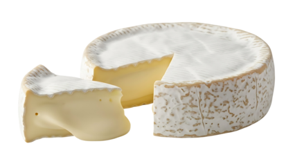 Round whole brie cheese wheel with piece cut out showing texture