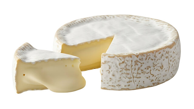 Round whole brie cheese wheel with piece cut out showing texture