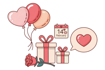 Valentines Day gifts with heart balloons in soft pink red hues with minimalist illustration style for greeting cards