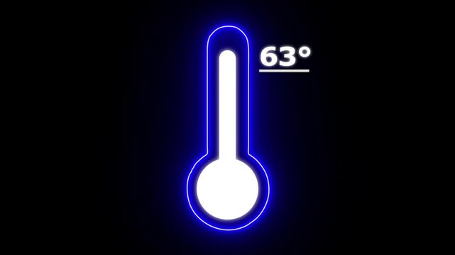 Neon Celsius thermometer displayed temperature 63 degree. Thermometer equipment showing hot or cold weather. 4K Video motion graphic animation.