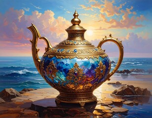 Ornate gilded teapot set on a stone surface by the ocean. Brilliant blues and gold accents against a vibrant sunset sky
