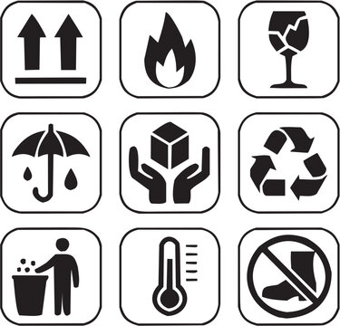 Conjunto de &iacute;conos de seguridad para embalaje. Incluye fr&aacute;gil, inflamable, reciclable, mantener seco, temperatura y m&aacute;s. Trazo editable.