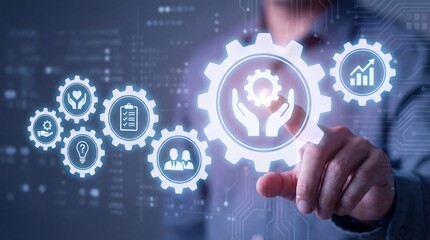 Human hand interacts with glowing digital gears symbolizing business process management innovative technology and success on a dark futuristic background